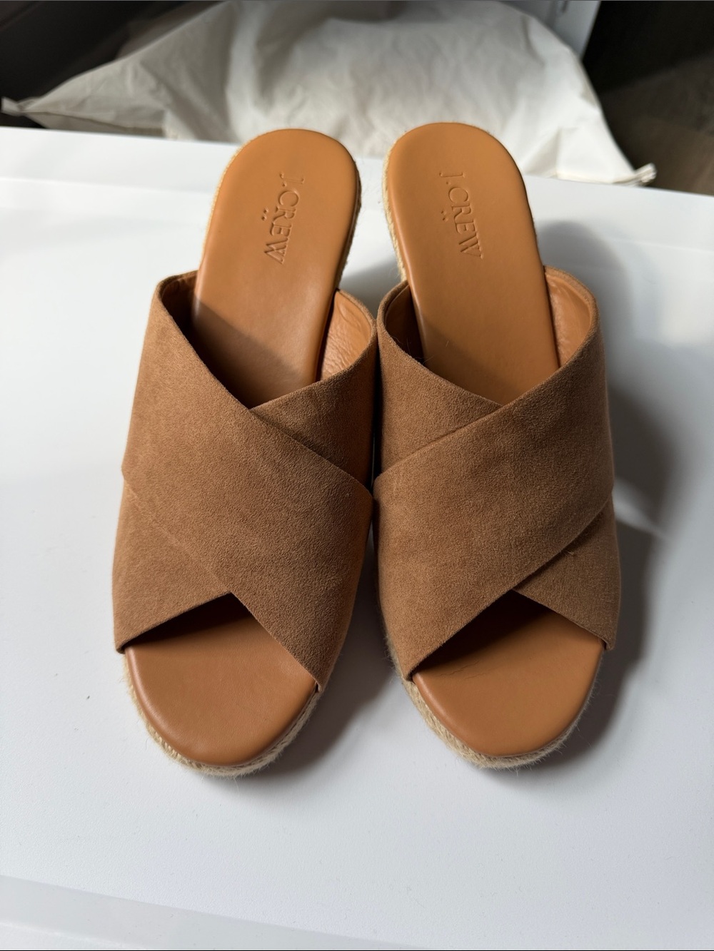 J. Crew 8 Tan Suede Crisscross wedge